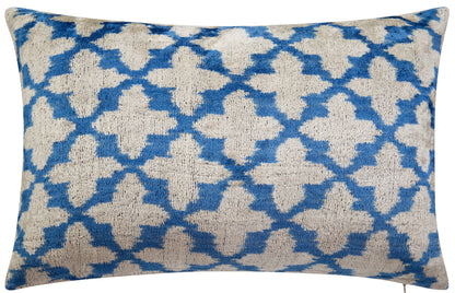Handmade Velvet Moroccan trellis pattern in blue and beige Cushion