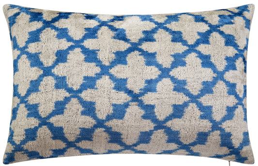 Handmade Velvet Moroccan trellis pattern in blue and beige Cushion