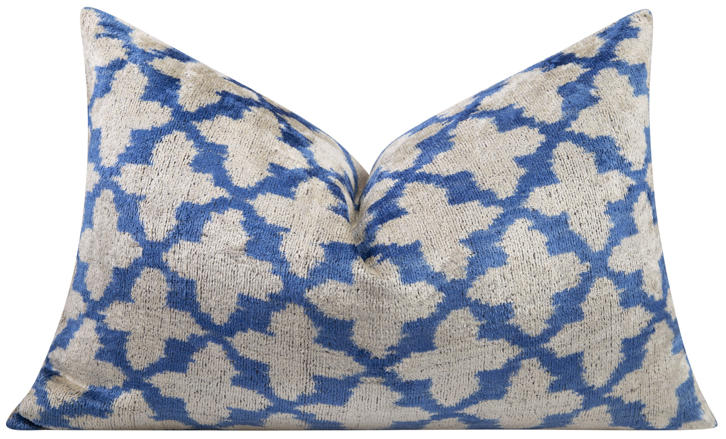 Handmade Velvet Moroccan trellis pattern in blue and beige Cushion
