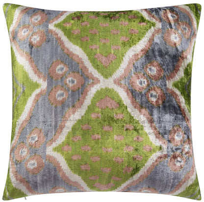 Handmade Velvet Cushion ikat pattern in green, gray, and beige