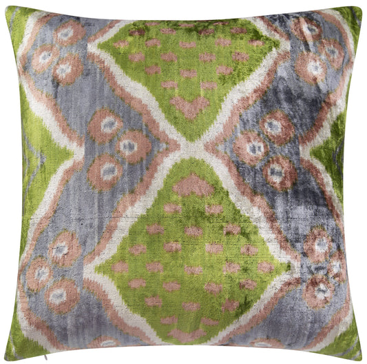 Handmade Velvet Cushion ikat pattern in green, gray, and beige