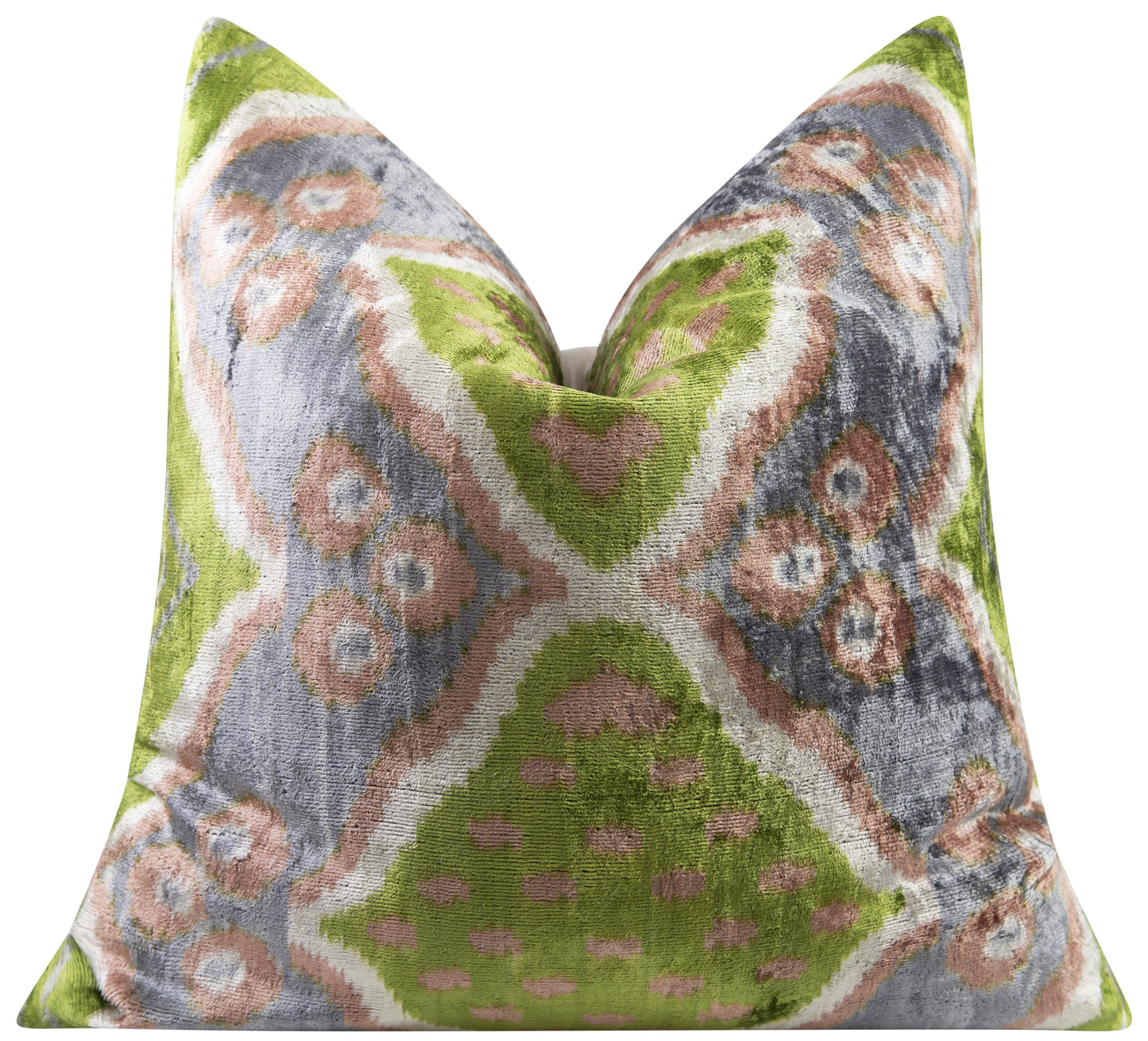 Handmade Velvet Cushion ikat pattern in green, gray, and beige