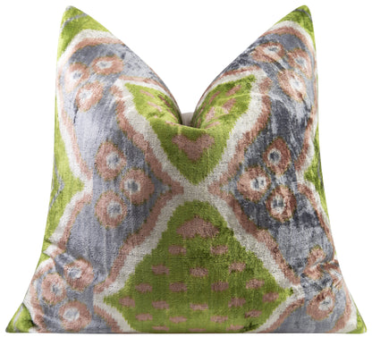 Handmade Velvet Cushion ikat pattern in green, gray, and beige