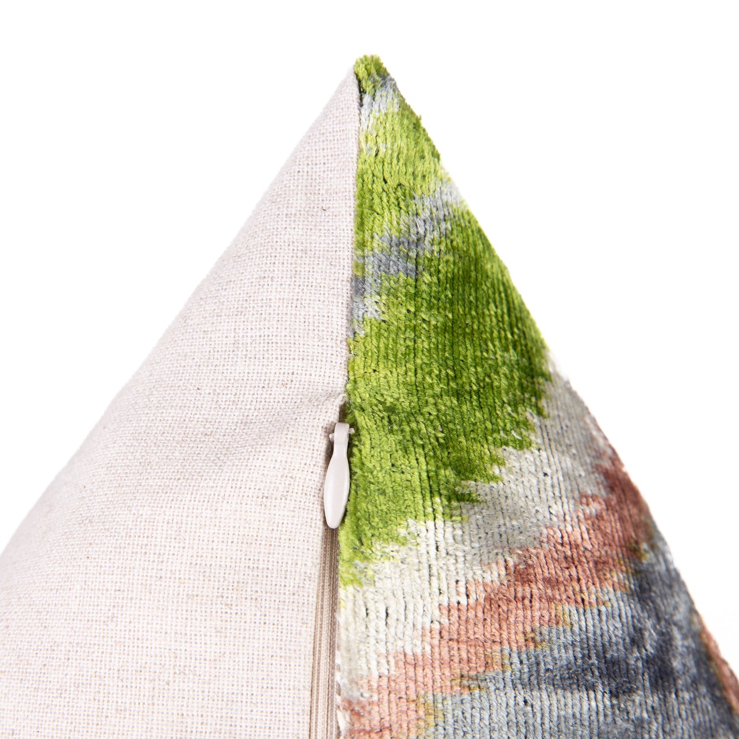 Handmade Velvet Cushion ikat pattern in green, gray, and beige