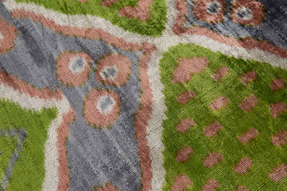 Handmade Velvet Cushion ikat pattern in green, gray, and beige